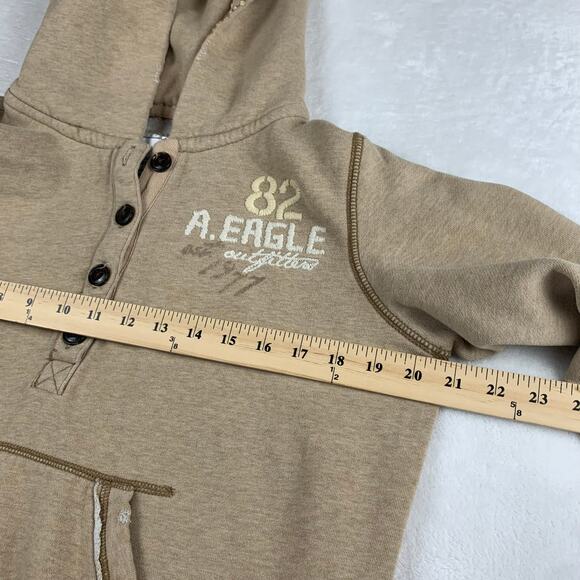 VTG Y2K American Eagle Womens Large Graphic Hoodie Pullover Tan Raw Edges Henley - Picture 12 of 15
